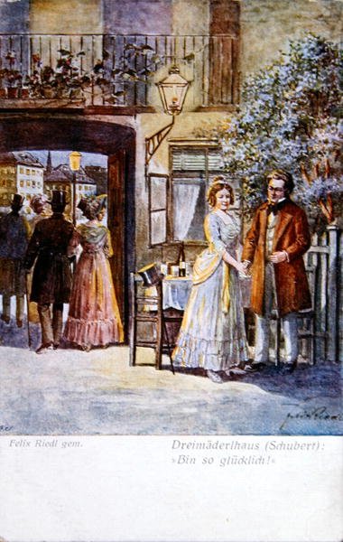 Scena z „Das Dreimaederlhaus” („Dom Trzech Dziewcząt”) przedstawiająca Schuberta przed domem, ok. 1916 (kolor lito) autorstwa Felix Riedl