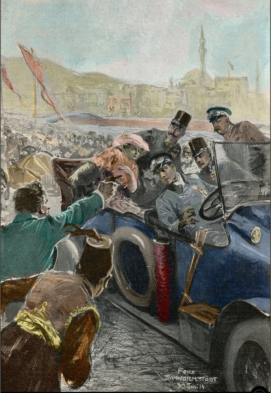 Zabójstwo Franciszka Ferdynanda (1863-1914) arcyksięcia Austrii i jego żony Zofii w Sarajewie (rycina) autorstwa Felix Schwormstadt