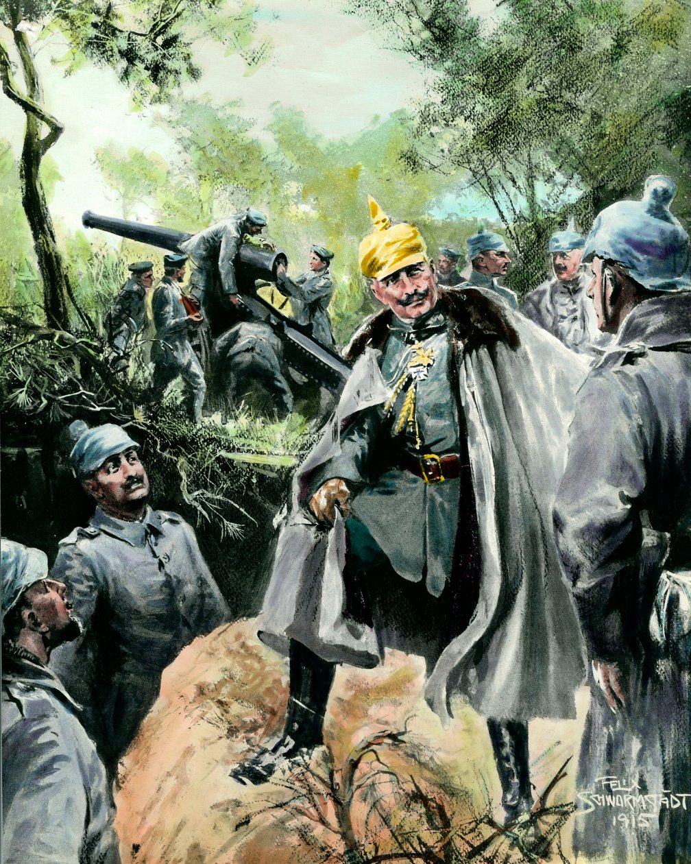 Pierwsza wojna światowa: „”Portret cesarza Wilhelma II (1859-1941) z wizytą na posterunku artyleryjskim”” Rycina Felixa Schwormstadta (1870-?) 1915 Zbiory prywatne autorstwa Felix Schwormstadt