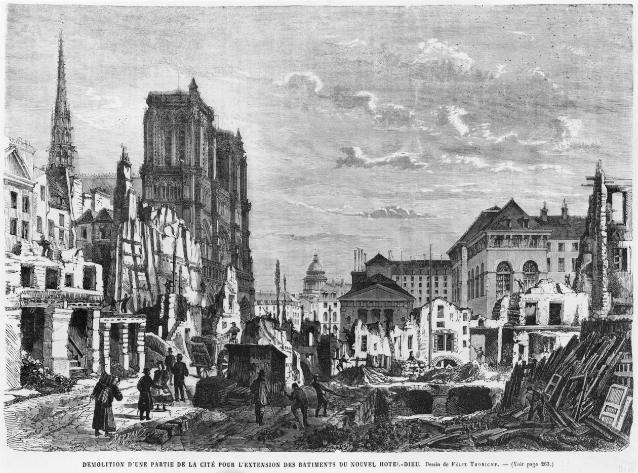 Paryż, rozbiórka części Cite w celu rozbudowy budynków nowego Hotel-Dieu, rycił Charles Barbant (zm. 1922) autorstwa Felix Thorigny
