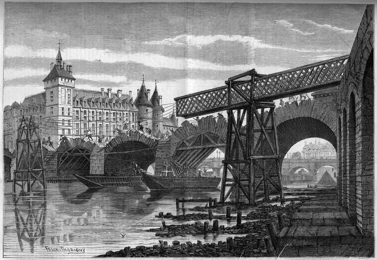 Przemiany Paryża pod rządami II Cesarstwa, Haussmann Paryż: zburzenie mostu Pont au Change (1639-1647) i montaż mostu tymczasowego. Grawerowanie autorstwa Felixa Thorigny