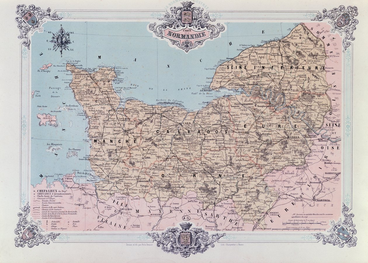 Mapa Normandii z I tomu La Normandie Illustree, sztychowana przez Charpentiera, opublikowana w Nantes 1852 autorstwa Felix after Benoist