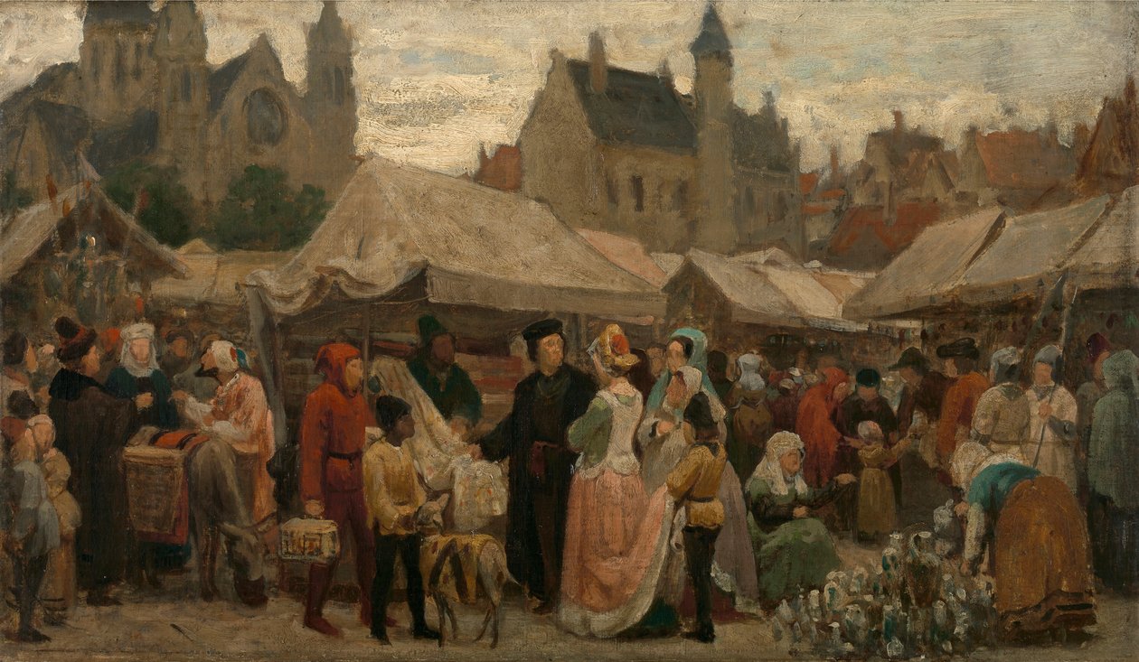 Średniowieczny jarmark w Gandawie, studium, ok. 1862 (olej na płótnie) autorstwa Felix de Vigne