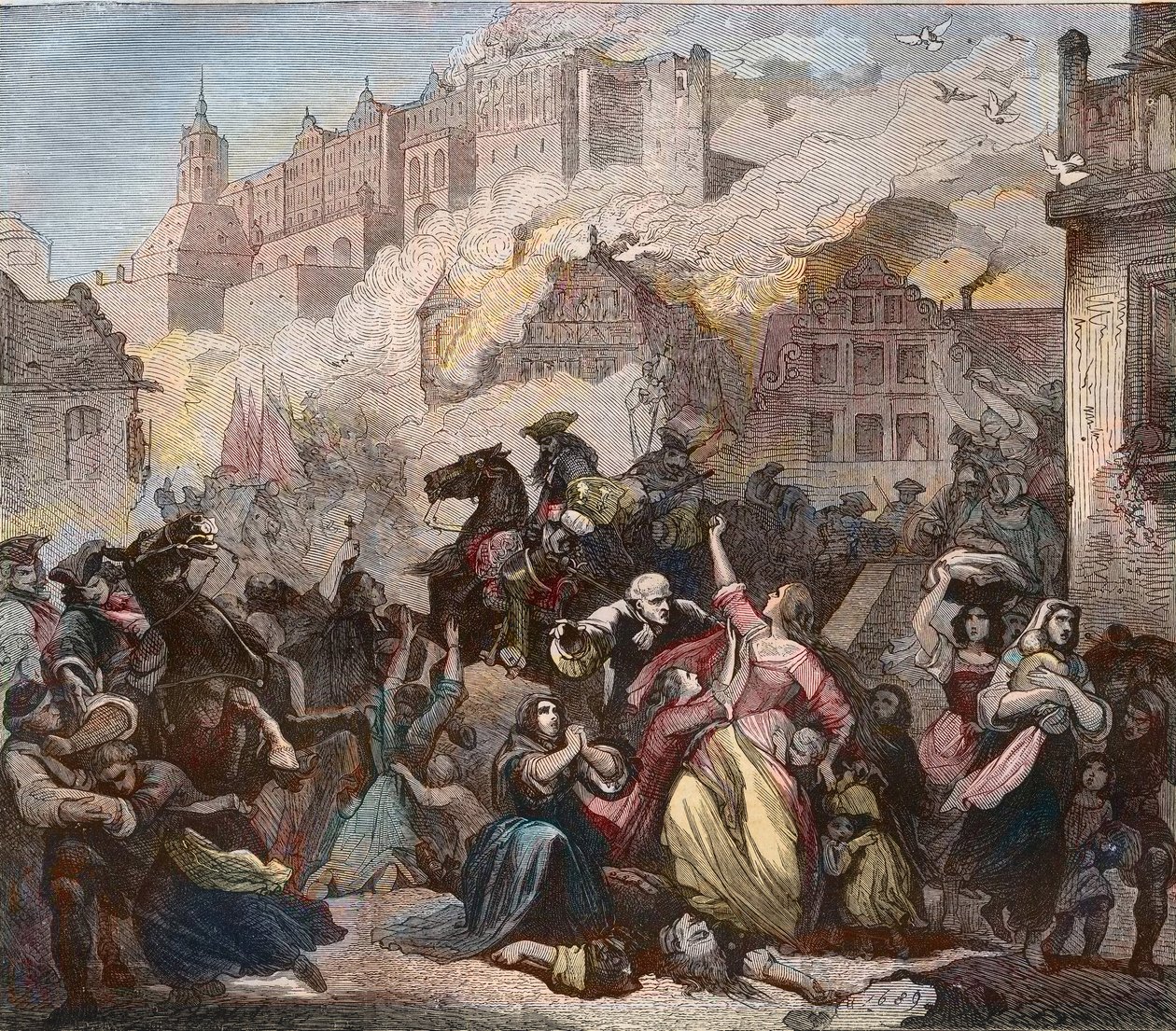 Zniszczenie Heidelbergu przez Francuzów pod dowództwem generała Ezechiela Melaca, 2 marca 1689 - Pożar zamku w Heidelbergu - 1689 - Wojna dziewięcioletnia - Wojna Wielkiego Przymierza - Wojna Ligi Augsburskiej - Pożar zamku Heidelberg zbombardowany przez s autorstwa Feodor (after) Dietz