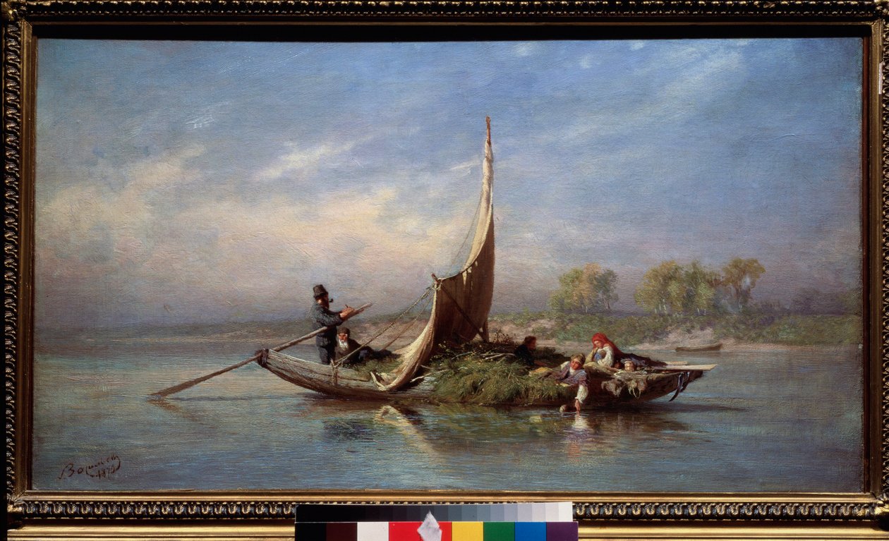 Rodzina w łodzi (Transport paszy w żaglówce) - Rodzina w łodzi - Obraz Fiodora Wasiljewa (Fiodor Aleksandrowicz, Fiodor Aleksandrowicz Wasiliew (1850-1873), olej na płótnie autorstwa Feodor Alexandrovich Vassiliev