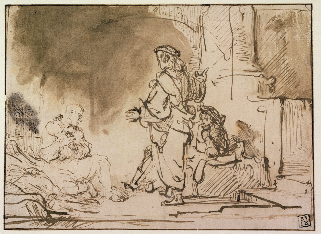 Joseph Interpreting Dreams in Prison (długopis, brązowy tusz i pranie na papierze) autorstwa Ferdinand Bol