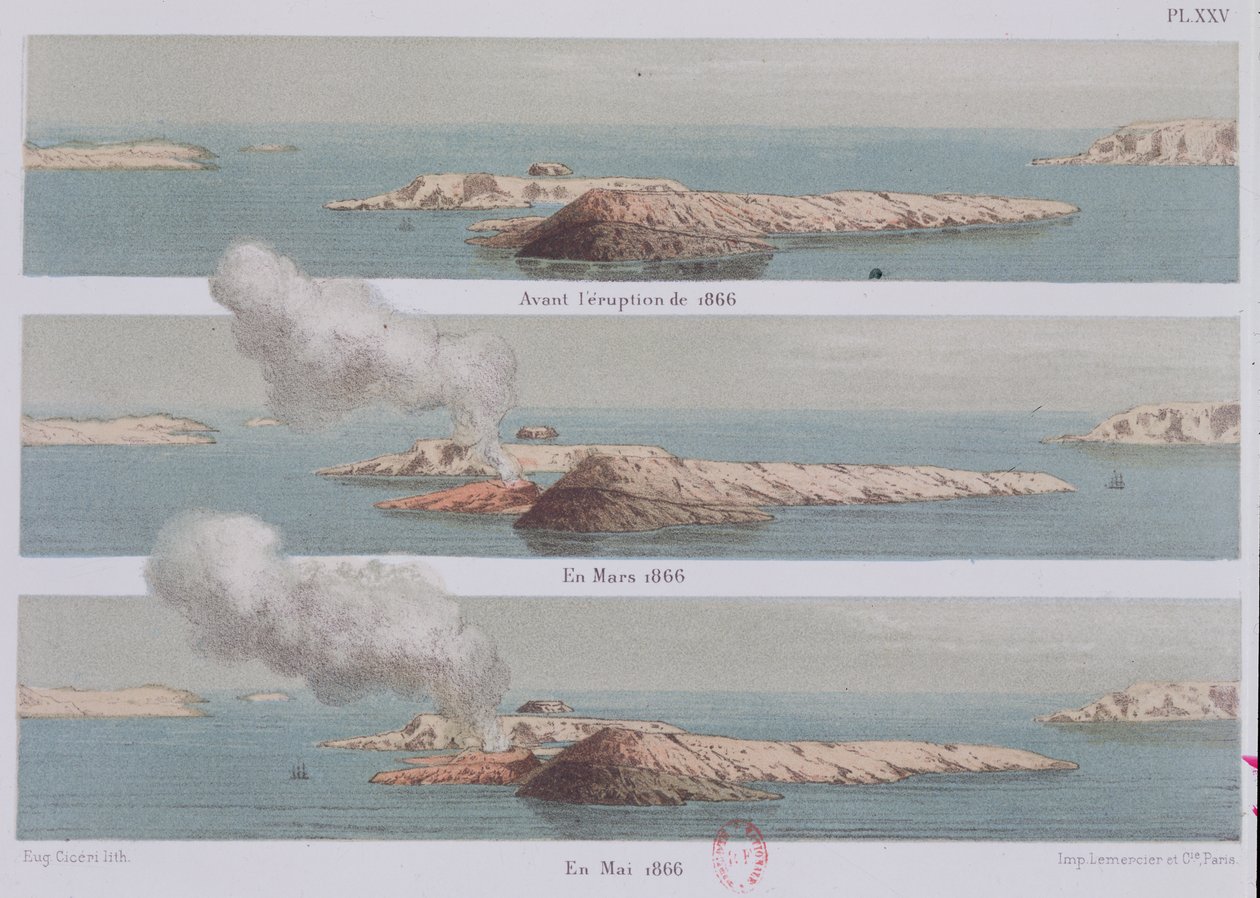 Erupcja wulkanu Georgios, ilustracja z Santorini i jego erupcji autorstwa artysty, wygrawerowana przez Eugene Ciceri, 1879 r. autorstwa Ferdinand Fouque