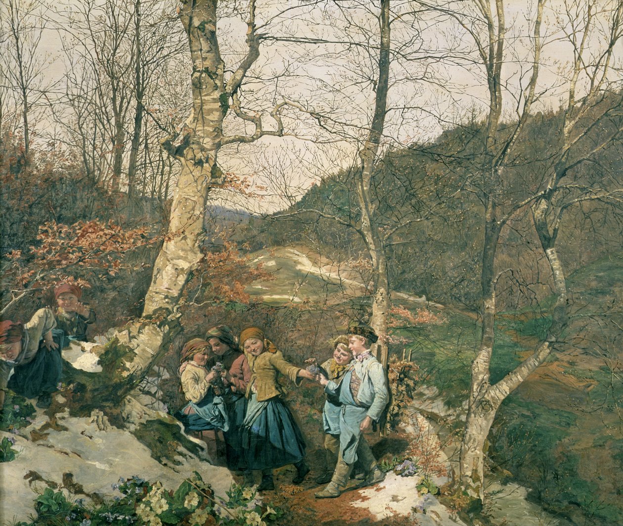 Wczesna wiosna w Lasku Wiedeńskim (Zbieracze fiołków) autorstwa Ferdinand Georg Waldmuller
