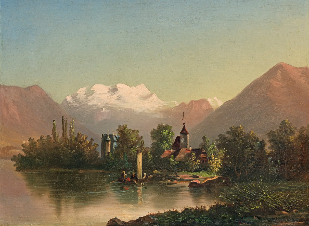 Zamek Schadau z kościołem Scherzlingen i Blümlisalp (1871) autorstwa Ferdinand Hodler