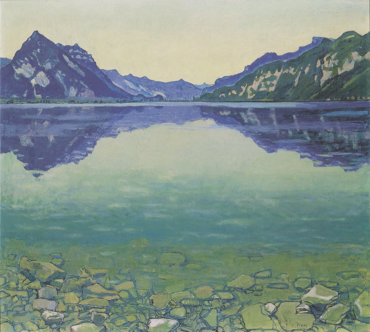 Jezioro Thun z symetrycznym odbiciem przed wschodem słońca autorstwa Ferdinand Hodler