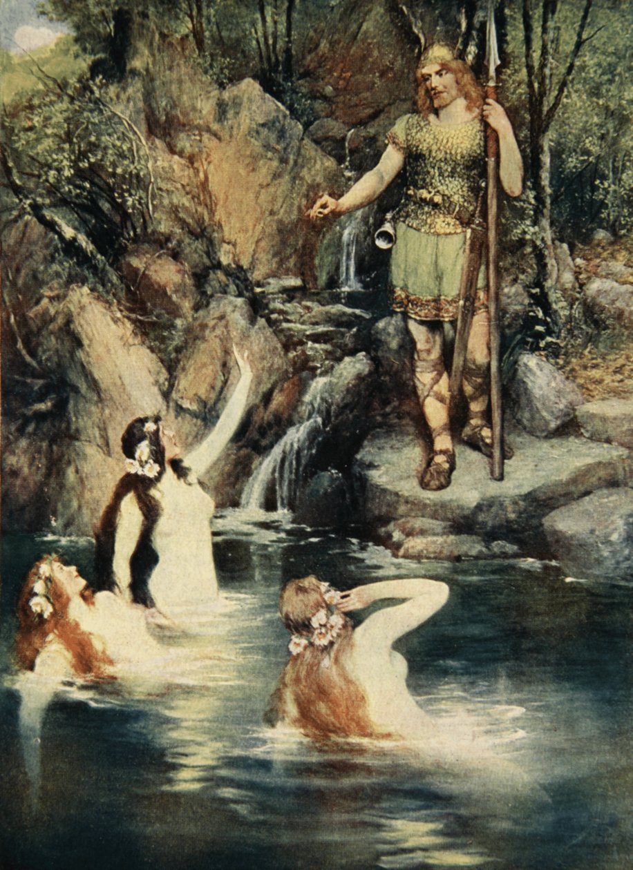 Trzy panny podpłynęły blisko brzegu, z "Opowieści o operach Wagnera" J. Walker McSpadden (1874-1960), 1905 autorstwa Ferdinand Leeke