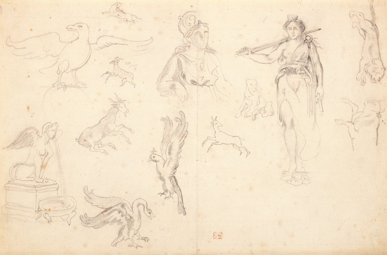 Badania zwierząt i postaci (czarna kreda na papierze wykładanym) autorstwa Ferdinand Victor Eugene Delacroix