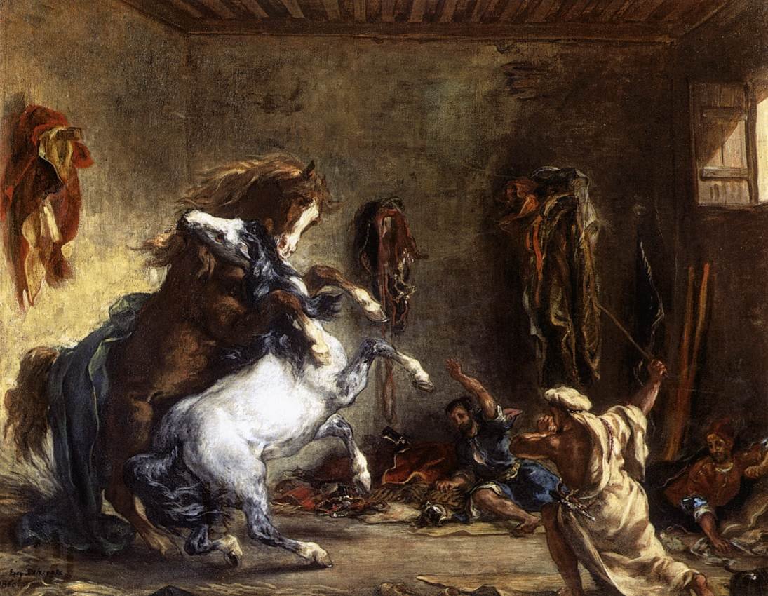 Konie arabskie walczące w stajni autorstwa Ferdinand Victor Eugene Delacroix
