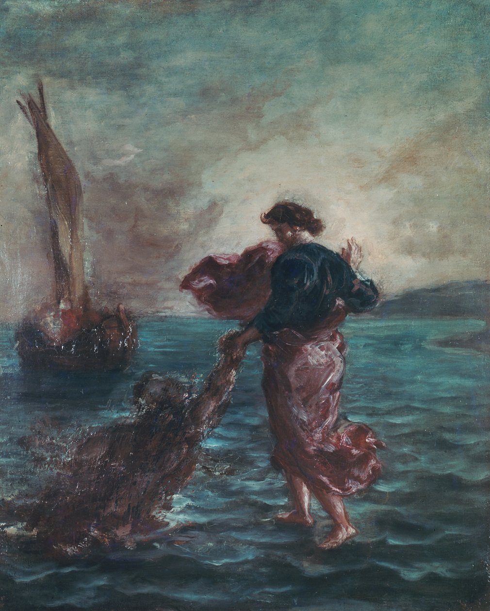 Chrystus chodzący po wodzie i wyciągający rękę, by ocalić św. Piotra autorstwa Ferdinand Victor Eugene Delacroix