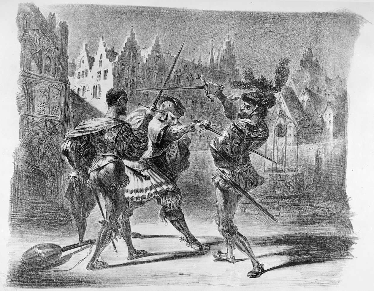 Pojedynek Fausta i Walentego, z Fausta Goethego, po 1828, (ilustracja), (bw zdjęcie litografii) autorstwa Ferdinand Victor Eugene Delacroix