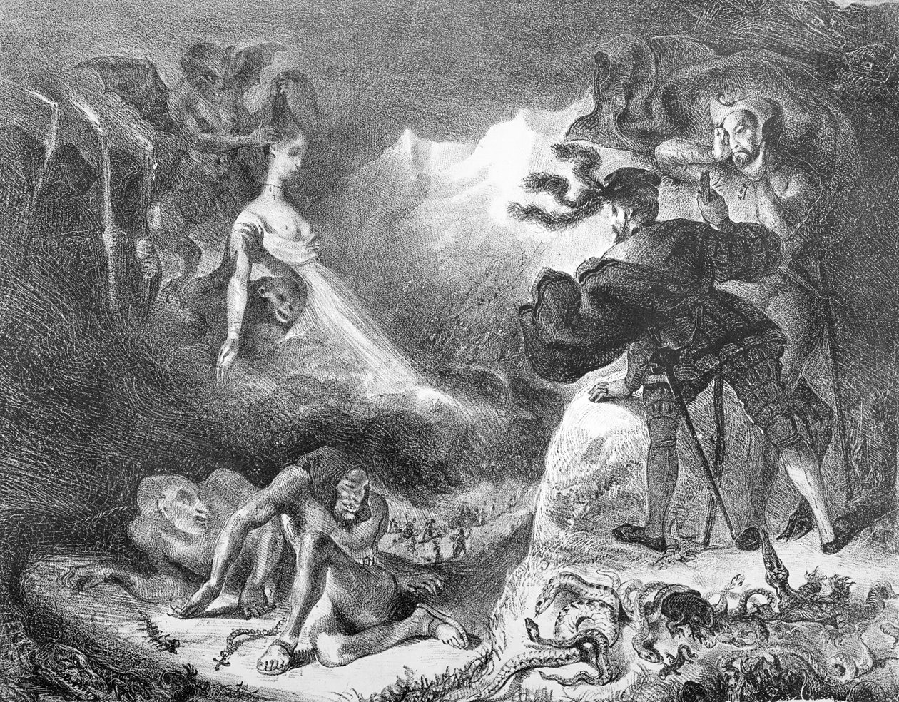 Faust i Mefistofeles na szabat czarownic, z Fausta Goethego, 1828, (ilustracja), (bw fotografia litografii) autorstwa Ferdinand Victor Eugene Delacroix