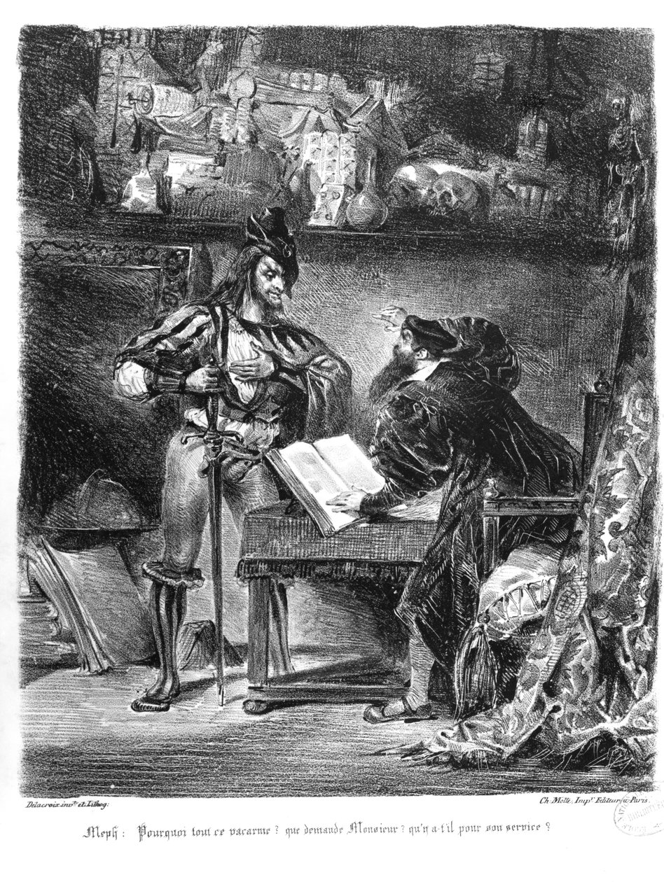 Pierwsze spotkanie Fausta i Mefistofelesa: „Po co cały ten hałas”, z Fausta Goethego, 1828, (ilustracja), (bw fotografia litografii) autorstwa Ferdinand Victor Eugene Delacroix