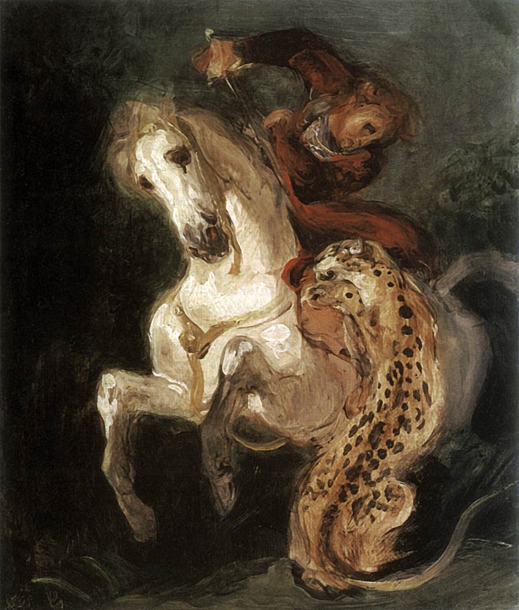 Jaguar atakujący jeźdźca autorstwa Ferdinand Victor Eugene Delacroix