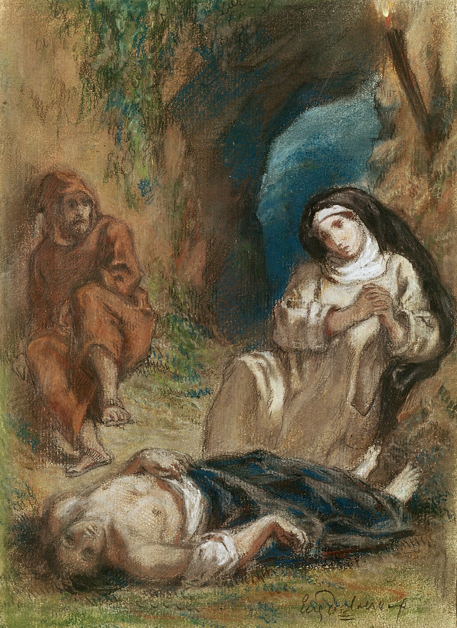 Lelia w jaskini, z "Lelia" George Sand (1804-76) ok.1852 (pastel na papierze) autorstwa Ferdinand Victor Eugene Delacroix