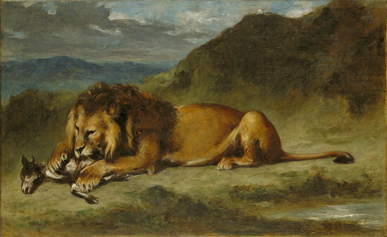 Lew pożerający kozę autorstwa Ferdinand Victor Eugene Delacroix