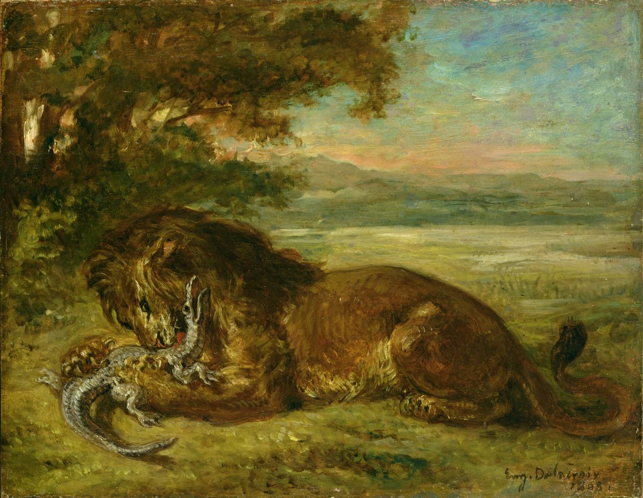 Lew i aligator autorstwa Ferdinand Victor Eugene Delacroix