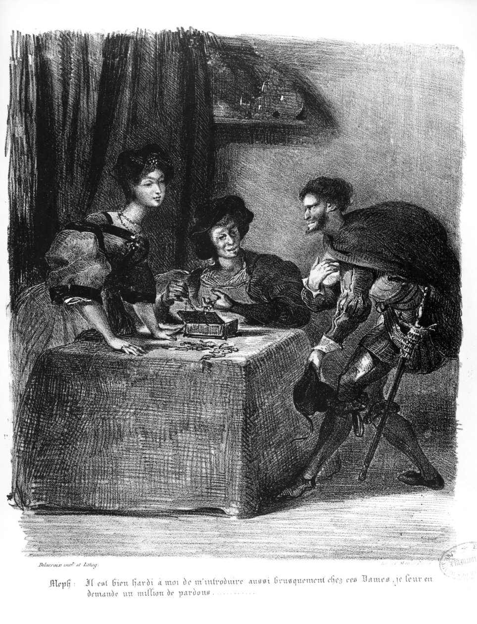 Mefistofeles, Marta i Małgorzata, z Fausta Goethego, 1828, (ilustracja), (bw zdjęcie litografii) autorstwa Ferdinand Victor Eugene Delacroix
