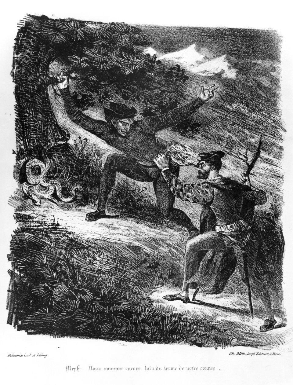 Mefistofeles i Faust w drodze na szabat nocą, ilustracja do Fausta, Goethe, 1828 (bw zdjęcie litografii) autorstwa Ferdinand Victor Eugene Delacroix