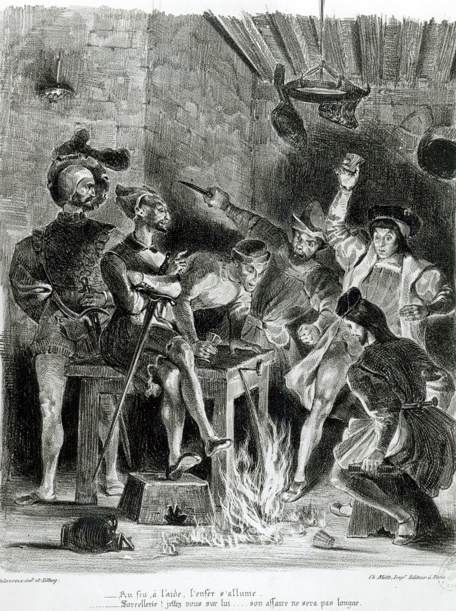 Mefistofeles i towarzysze picia, z Fausta Goethego, 1828, (ilustracja), (bw zdjęcie litografii) autorstwa Ferdinand Victor Eugene Delacroix