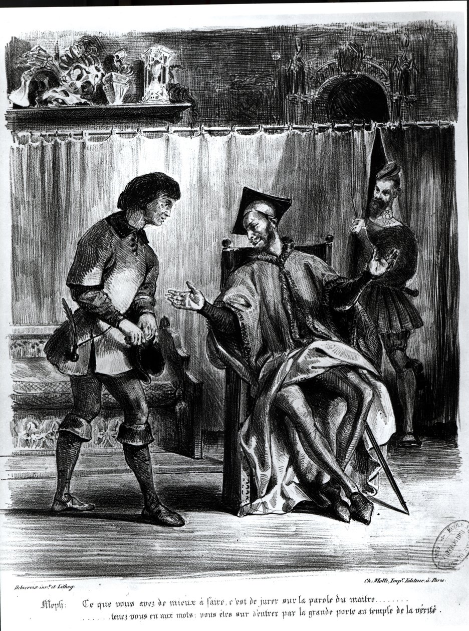 Mefistofeles i uczeń, z Fausta Goethego, (ilustracja), (bw zdjęcie litografii) autorstwa Ferdinand Victor Eugene Delacroix