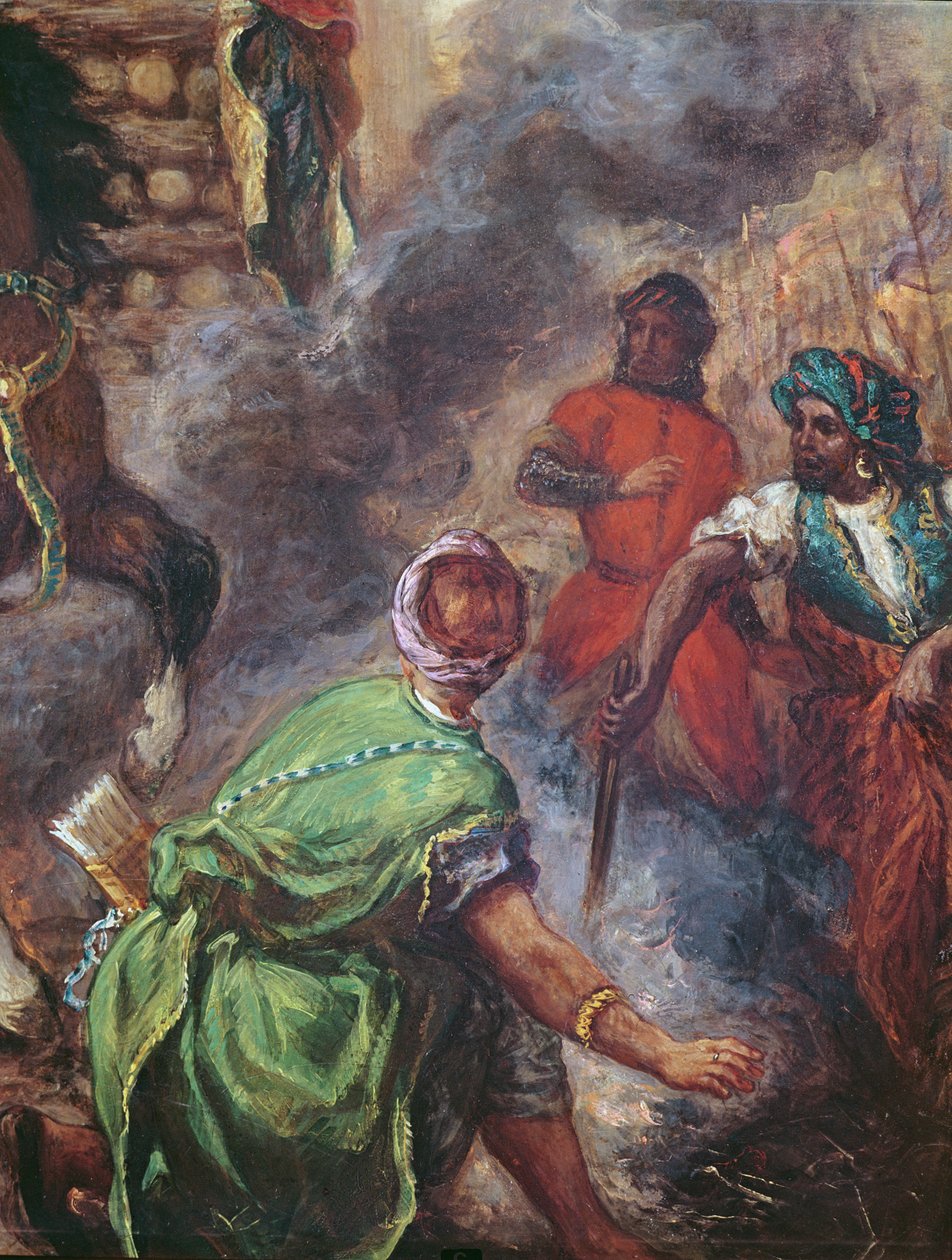 Olinda i Sophronia na stosie, fragment Saracenów, z „Gerusalemme Liberata” Torquato Tasso (1544-95) autorstwa Ferdinand Victor Eugene Delacroix