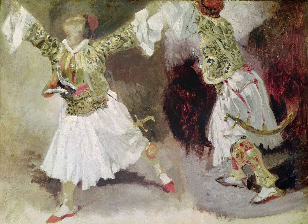 Dwóch greckich żołnierzy tańczy (studium sukni Solote) autorstwa Ferdinand Victor Eugene Delacroix
