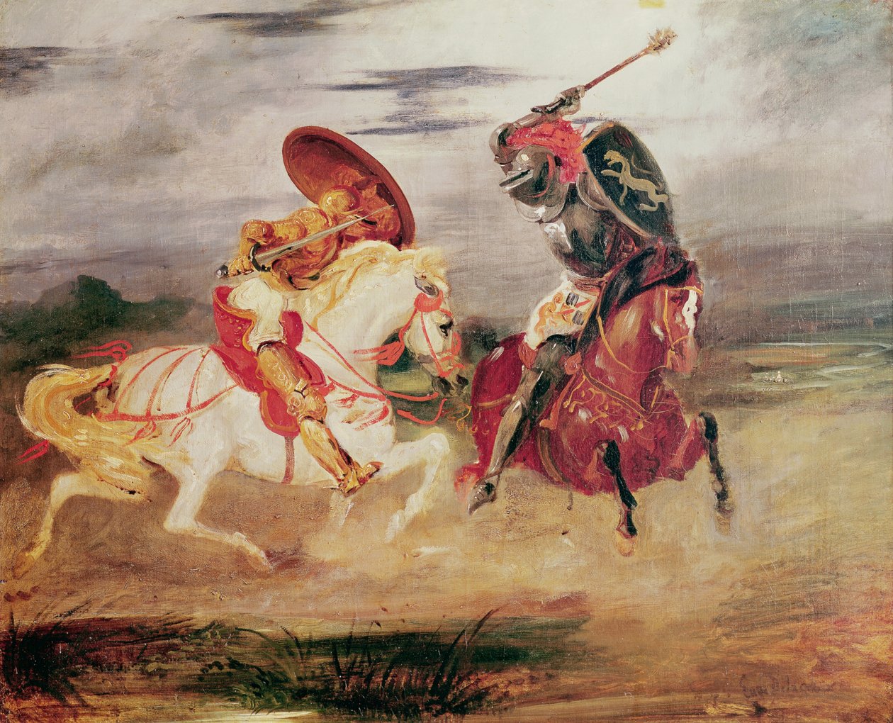 Dwóch rycerzy walczących w krajobrazie, ok. 1824 autorstwa Ferdinand Victor Eugene Delacroix