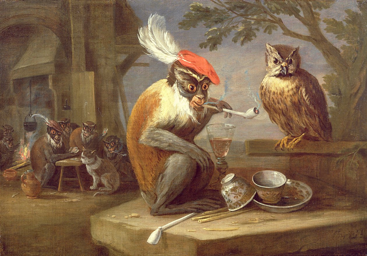 Małpa paląca i pijąca z sową autorstwa Ferdinand van Kessel