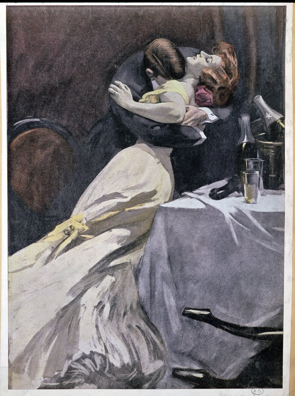 „Zniszcz to, co lubisz w swojej namiętności, z wyjątkiem mojej sukienki”, para obejmująca się po wypiciu szampana, 1909 autorstwa Ferdinand von Reznicek