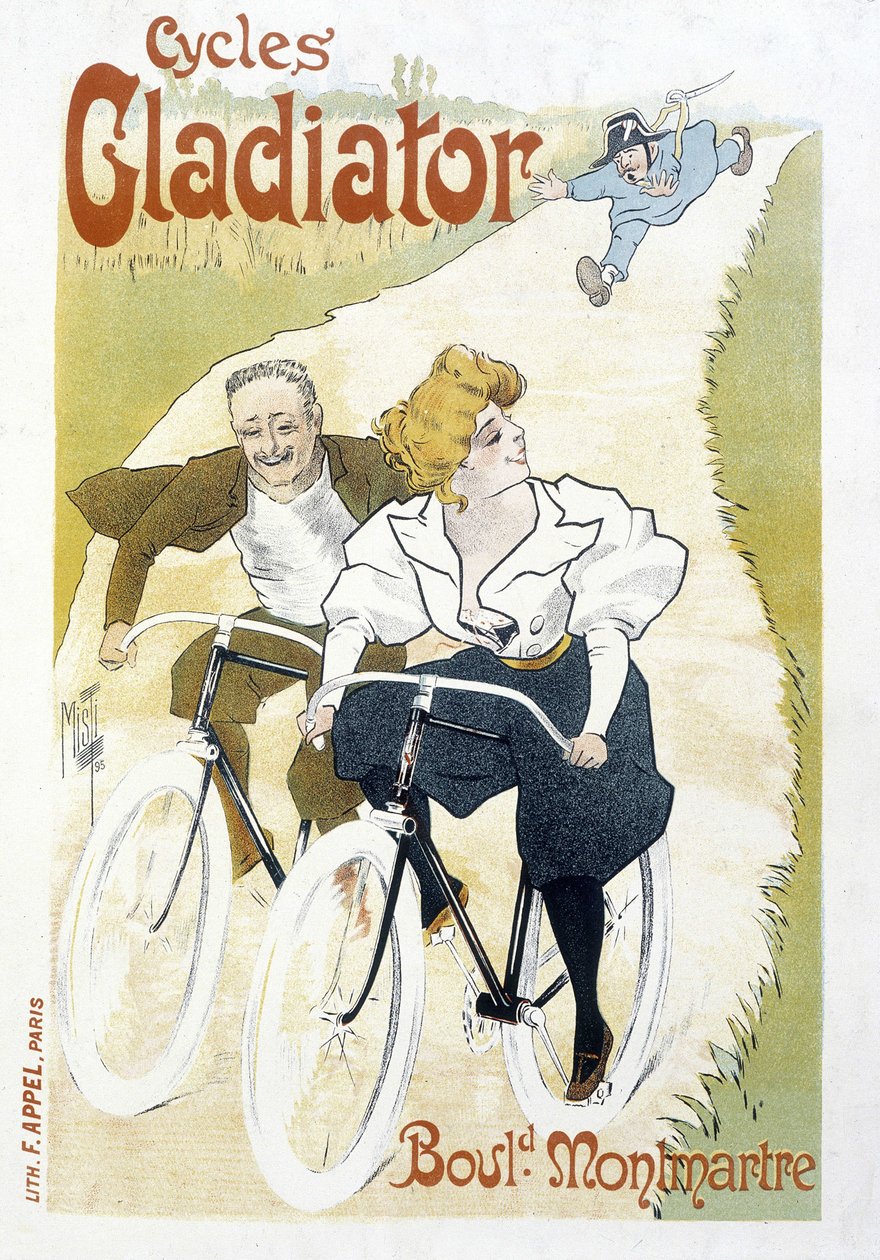 Para motocyklistów ścigana przez posterunkowego – reklama motocykli Gladiator, autor: Misti, v.1895 autorstwa Ferdinand  Misti Mifliez