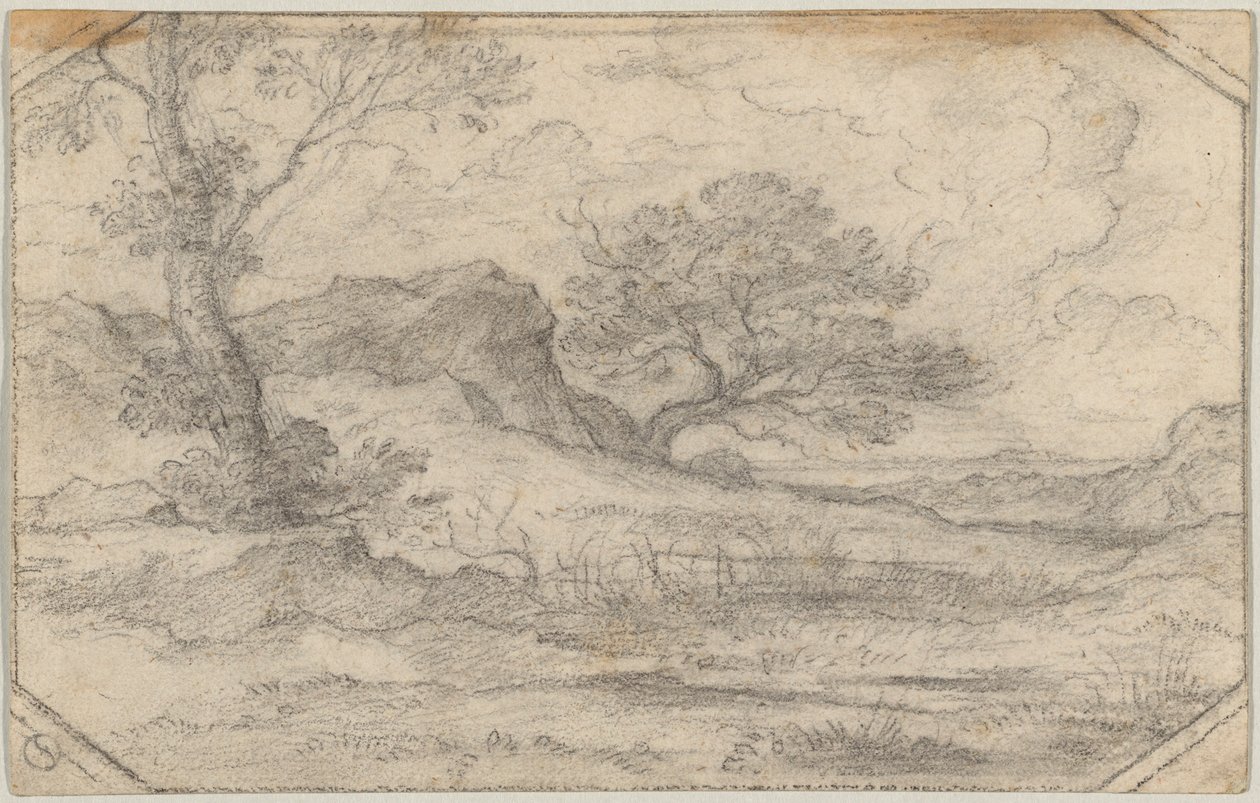 Idealny krajobraz z dwoma drzewami i masywem skalnym autorstwa Ferdinand (Johann Heinrich Ferdinand) von Olivier