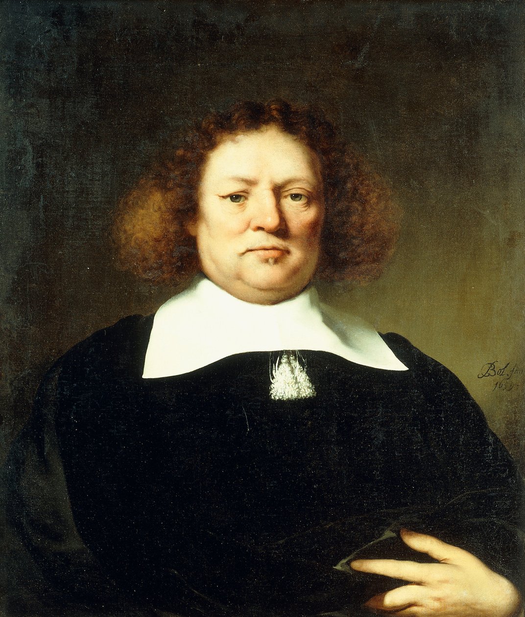 Portret dżentelmena, powiedziany do Lorda Hebdona, do połowy długości, w czarnym kostiumie i białym kołnierzyku, 1659 autorstwa Ferdinand Bol