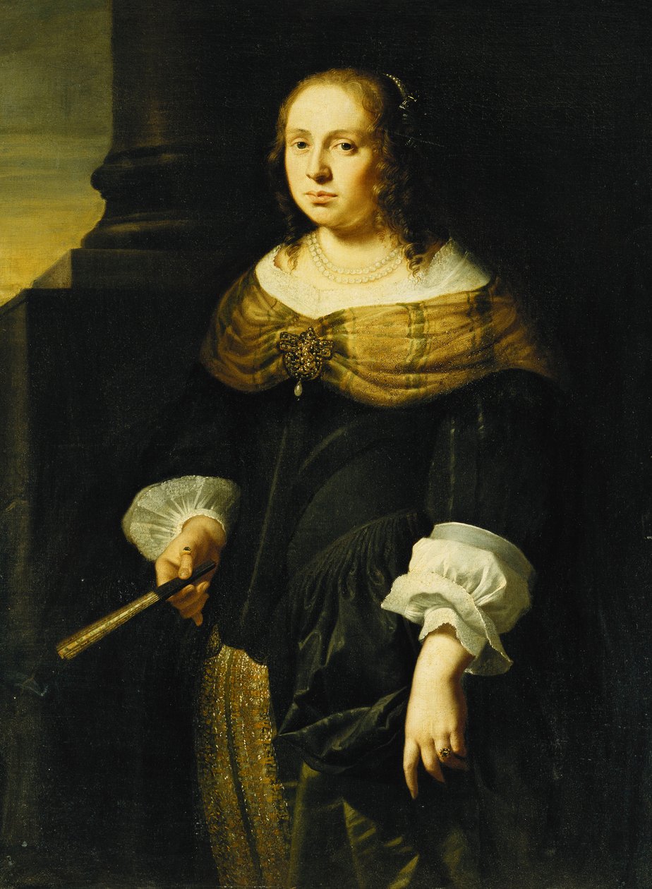 Portret damy, długości 3/4, w czarno-zielonej sukience, trzymającej wachlarz, na portyku, autorstwa Ferdinand Bol