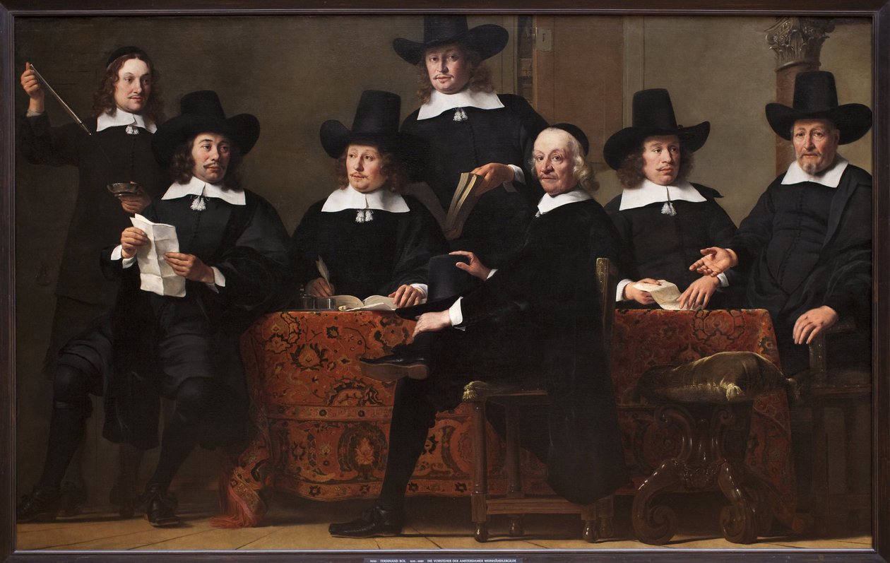 Prezes gildii kupców wina w Amsterdamie (Holandia). Obraz Ferdinanda Bola (1616-1680), olej na płótnie, ok. 1659. Sztuka holenderska autorstwa Ferdinand Bol