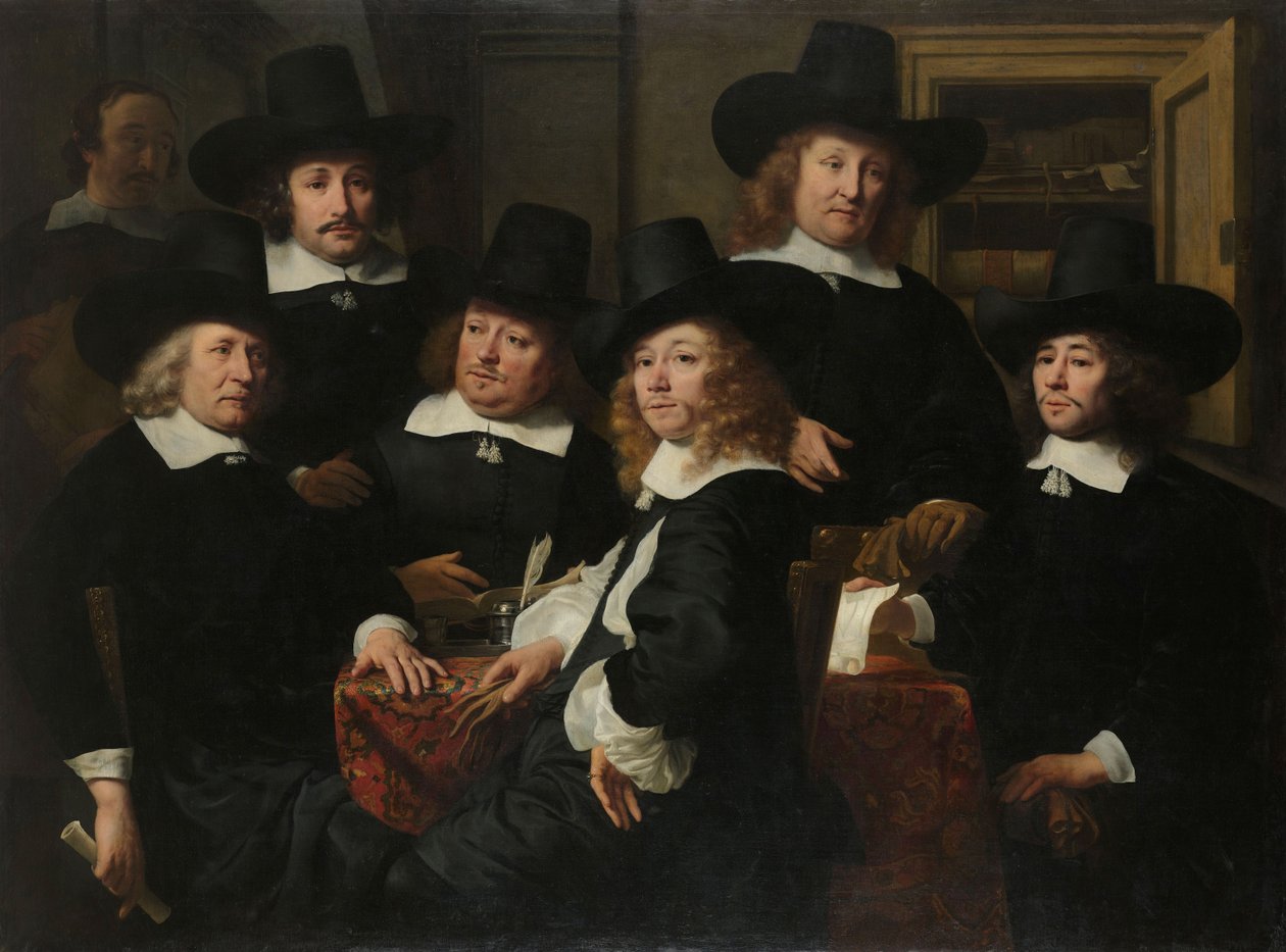 Sześciu Regentów i Beadle Instytutu Nieuw Zijds na zewnątrz Pomocy Ubogim, Amsterdam, 1657 autorstwa Ferdinand Bol