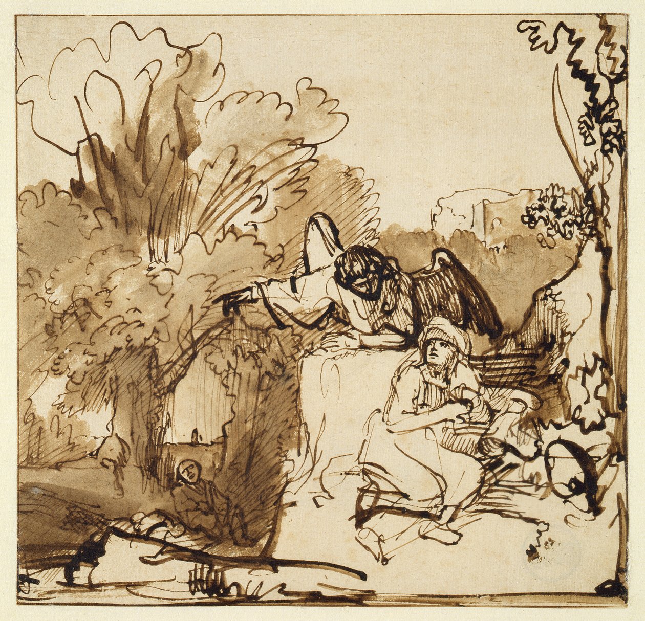 Anioł ukazujący się Hagar i Ismaelowi (pióro i atrament oraz pranie na papierze) autorstwa Ferdinand Bol