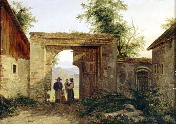 Zagroda z chłopami przy bramie autorstwa Ferdinand Georg Waldmuller