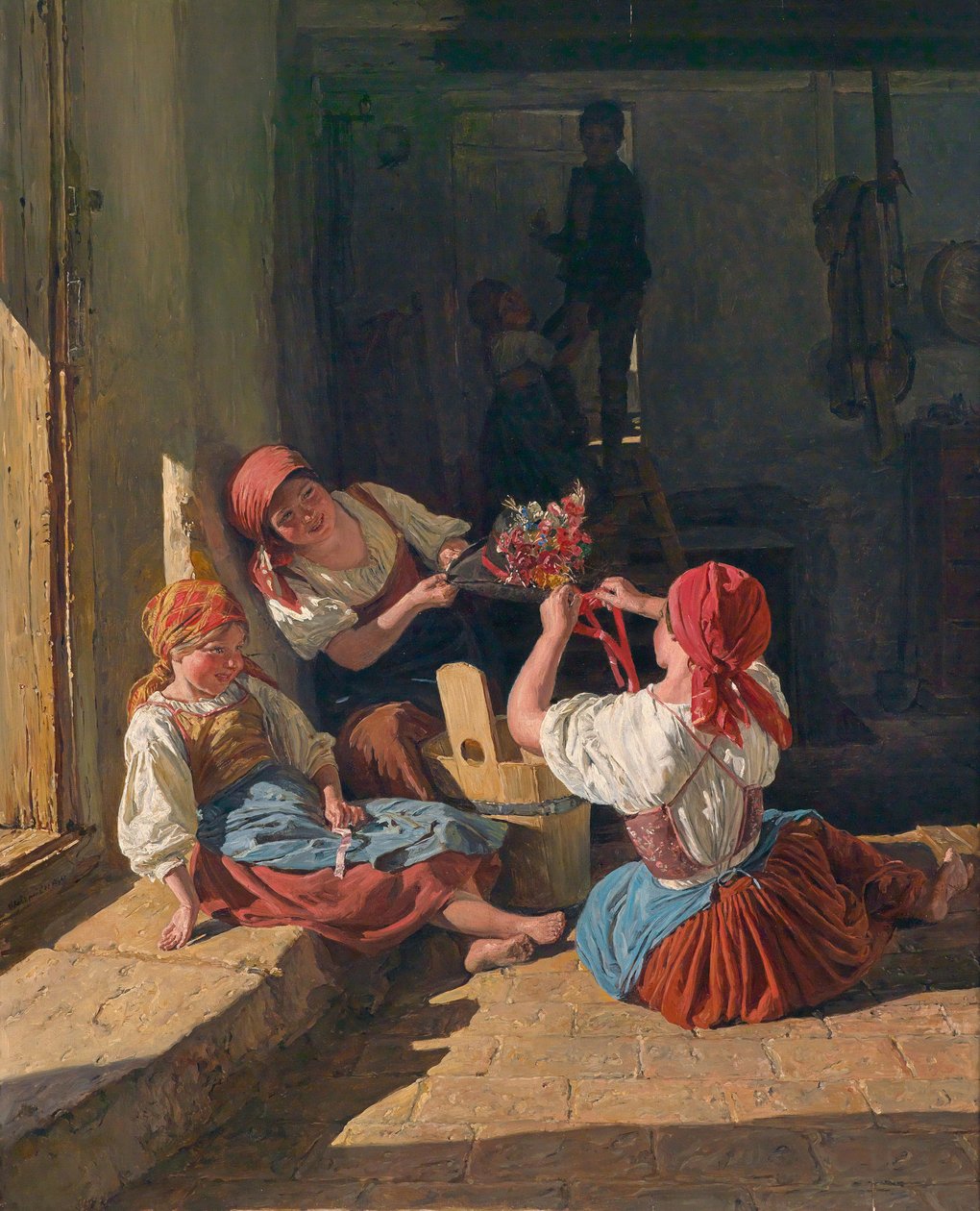 Dzieci dekorujące kapelusz poborowego. Obraz Ferdinanda Georga Waldmullera (1793-1865), olej na drewnie autorstwa Ferdinand Georg Waldmuller