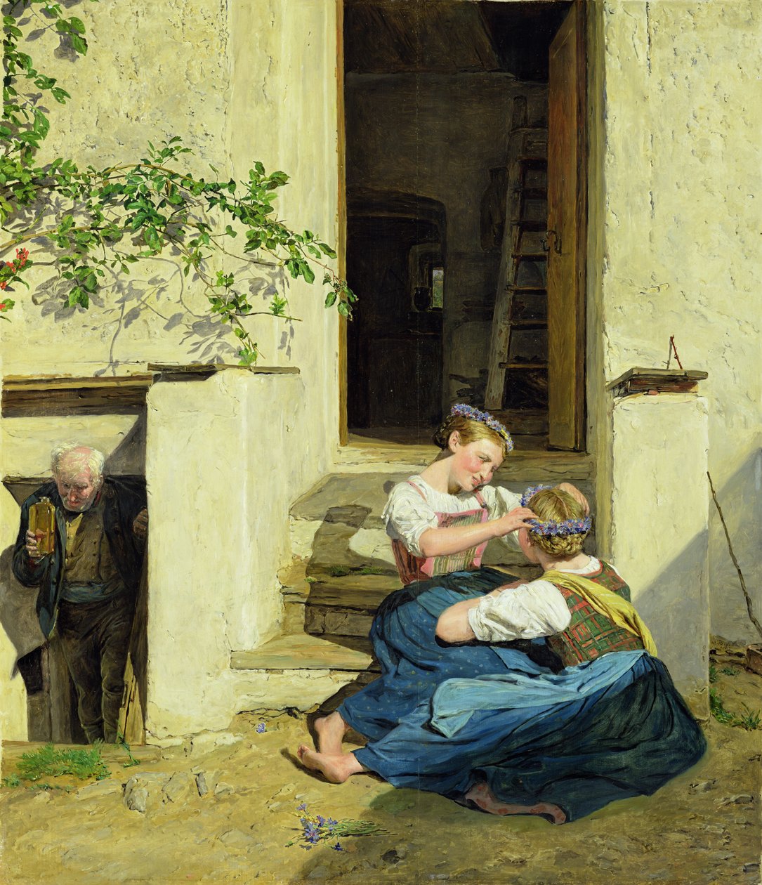 Dziewczyny robiące wianki, 1846 autorstwa Ferdinand Georg Waldmuller
