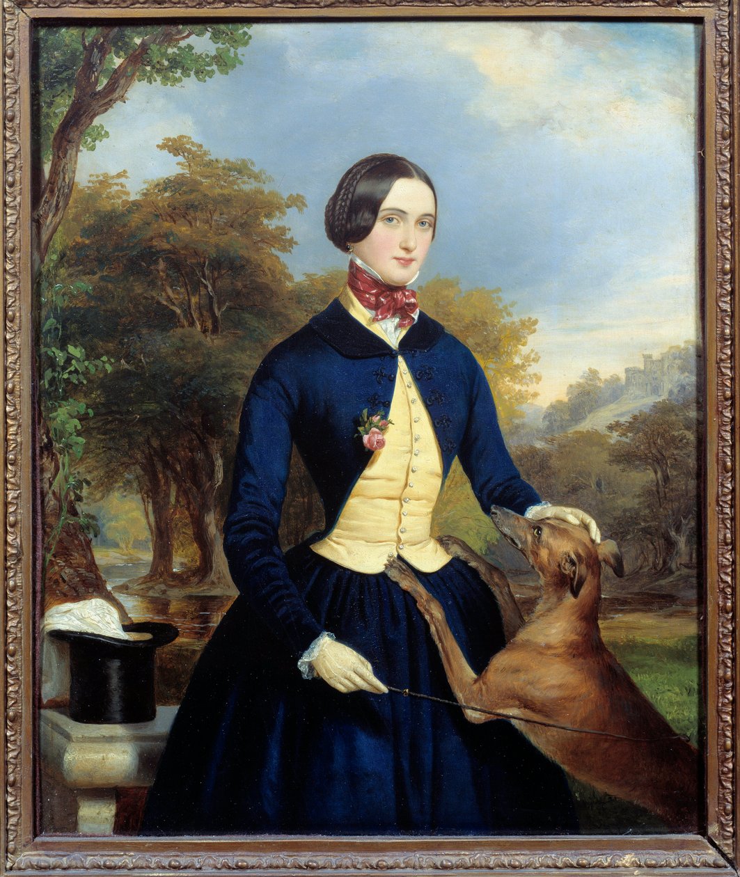 Portret kobiety w Amazonii z psem. Obraz Ferdinanda Waldmullera (1793-1865) Ec. Aut autorstwa Ferdinand Georg Waldmuller