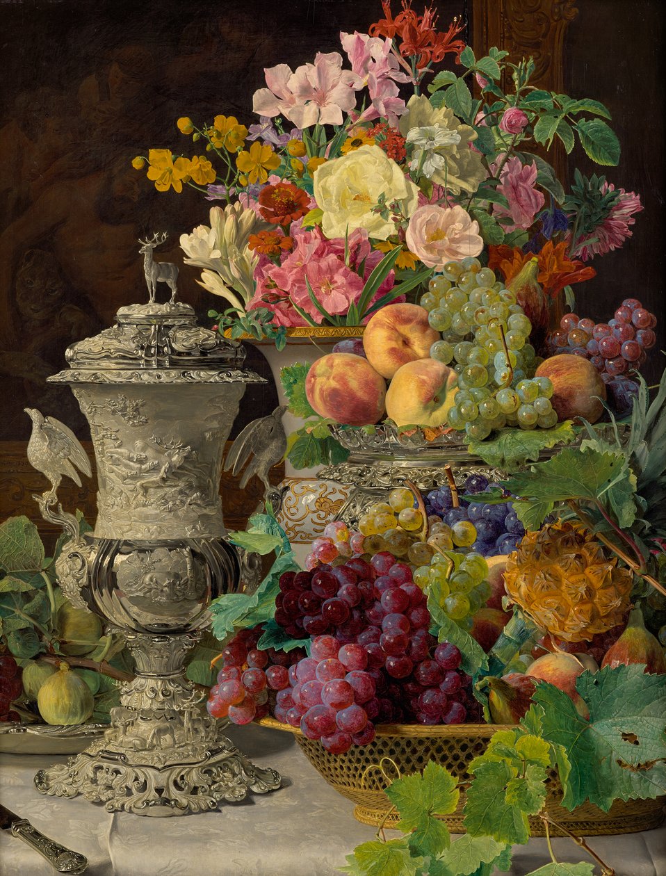 Martwa natura z owocami, kwiatami i srebrnym pucharem autorstwa Ferdinand Georg Waldmuller