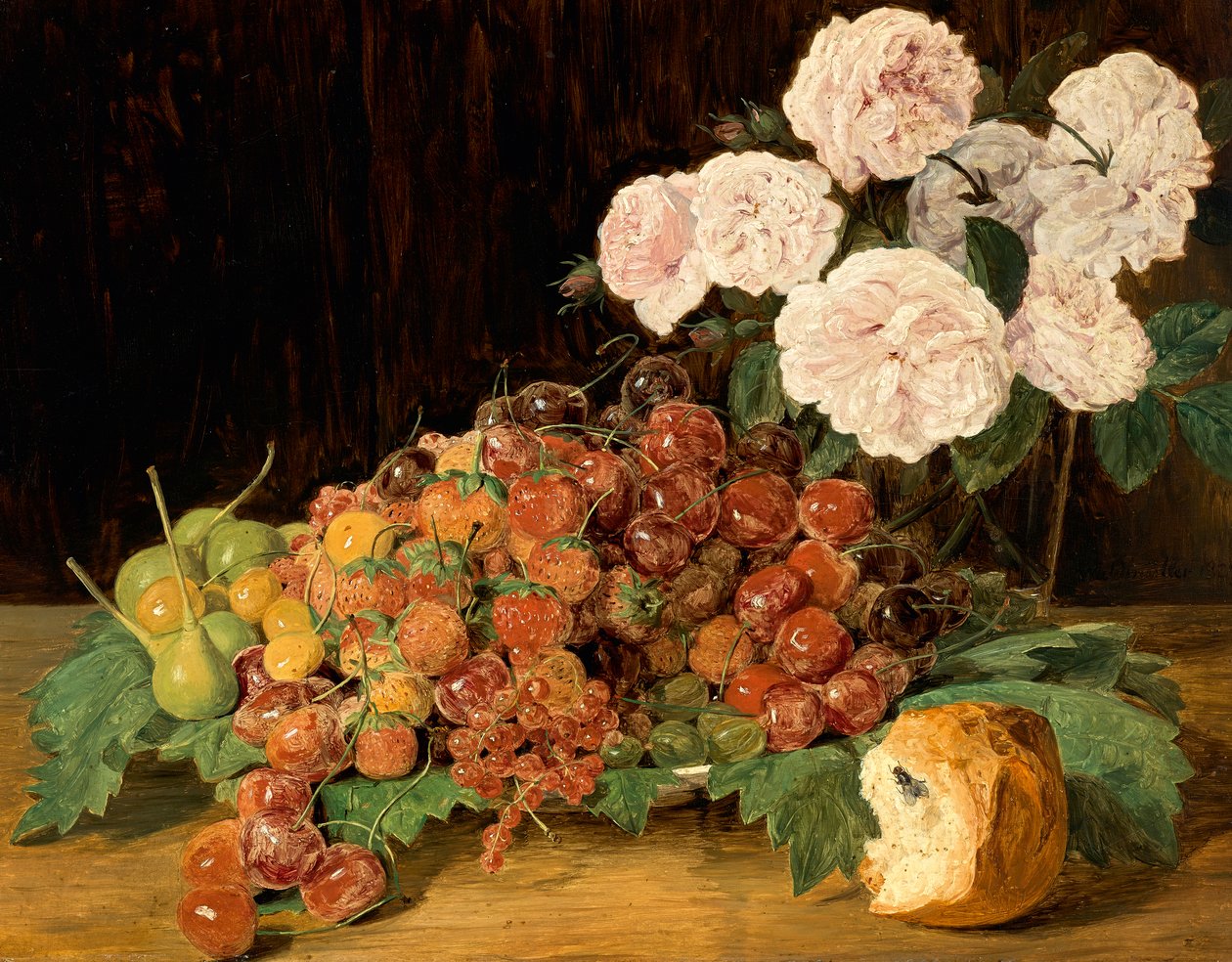 Martwa natura z różami, truskawkami i chlebem autorstwa Ferdinand Georg Waldmuller