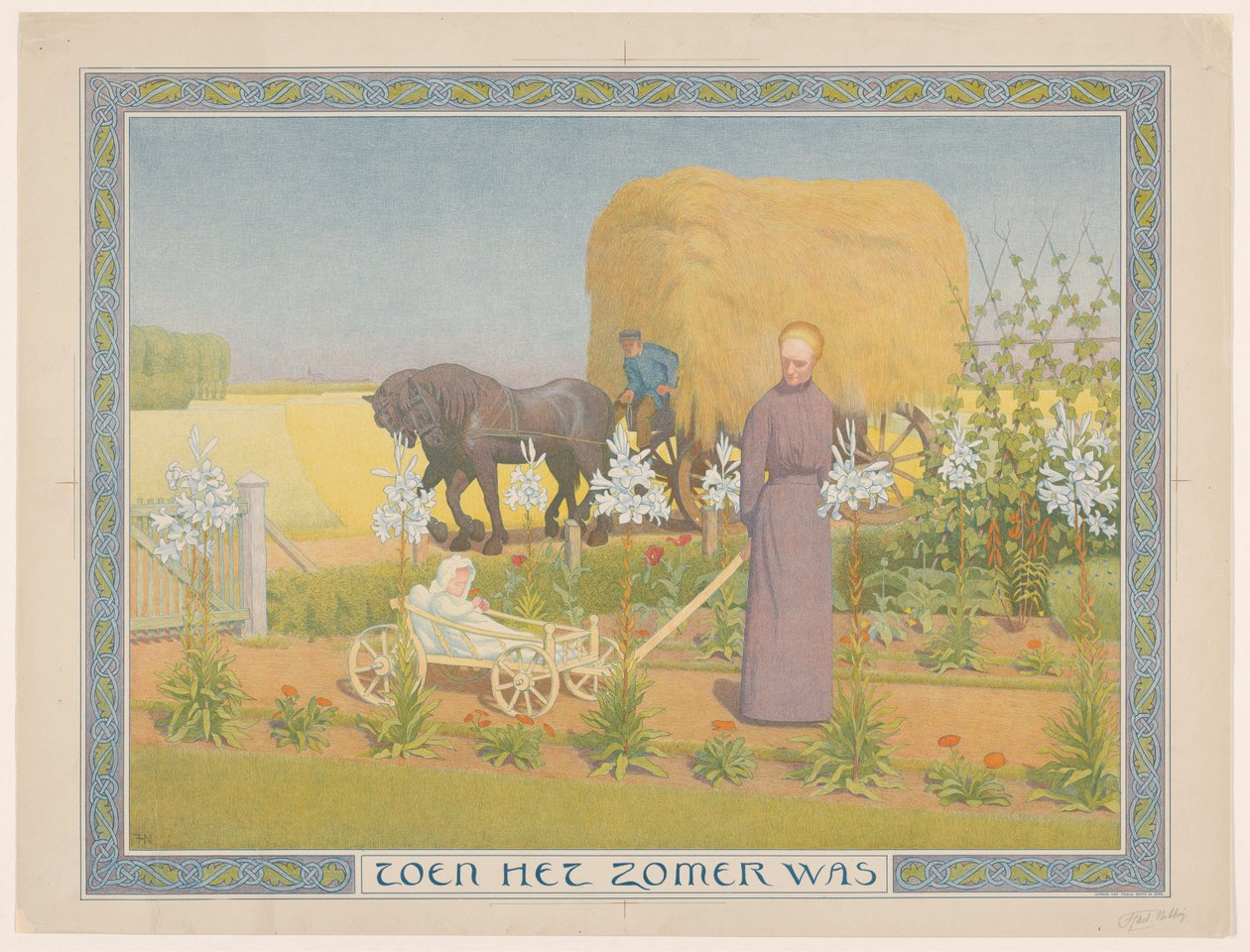 Kobieta z dzieckiem w koszyku Kiedy było lato (tytuł na obiekcie) autorstwa Ferdinand Hart Nibbrig (signed by artist)