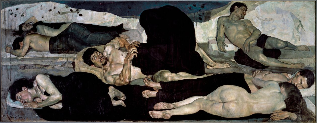 Nocą Grupa nagich śpiących, jeden w środku koszmaru autorstwa Ferdinand Hodler