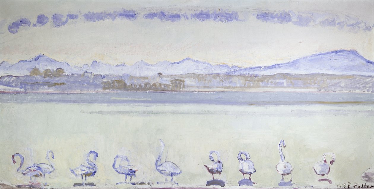 Dziewięć łabędzi przed górzystym krajobrazem; Port w Genewie z dziewięcioma łabędziami, z Quai du Mont Blanc, 1915 autorstwa Ferdinand Hodler